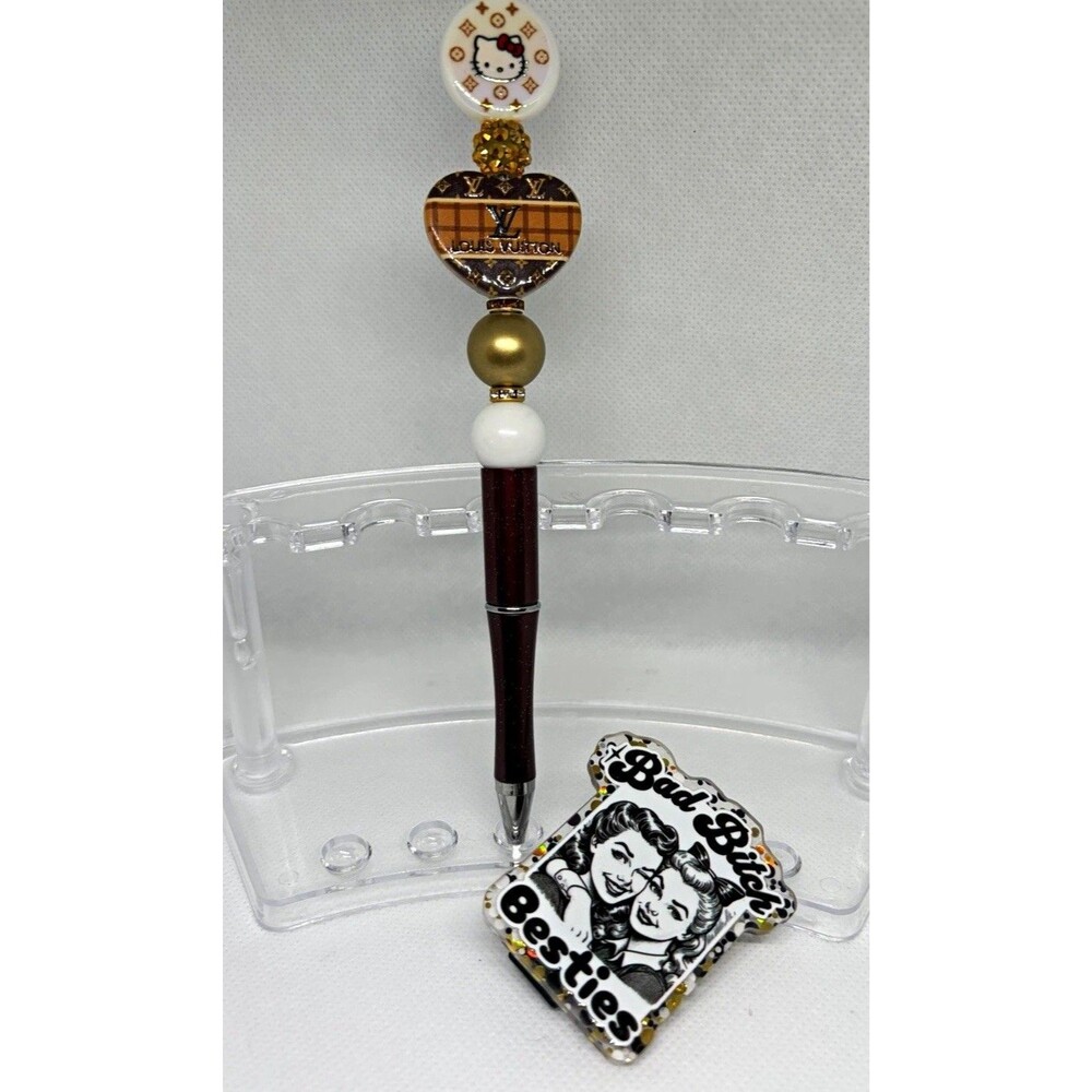 Handmade Hello Kitty Designer-Inspired Beadable Pen & Chip Clip Set